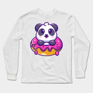 Cute baby panda with doughnut cartoon Long Sleeve T-Shirt